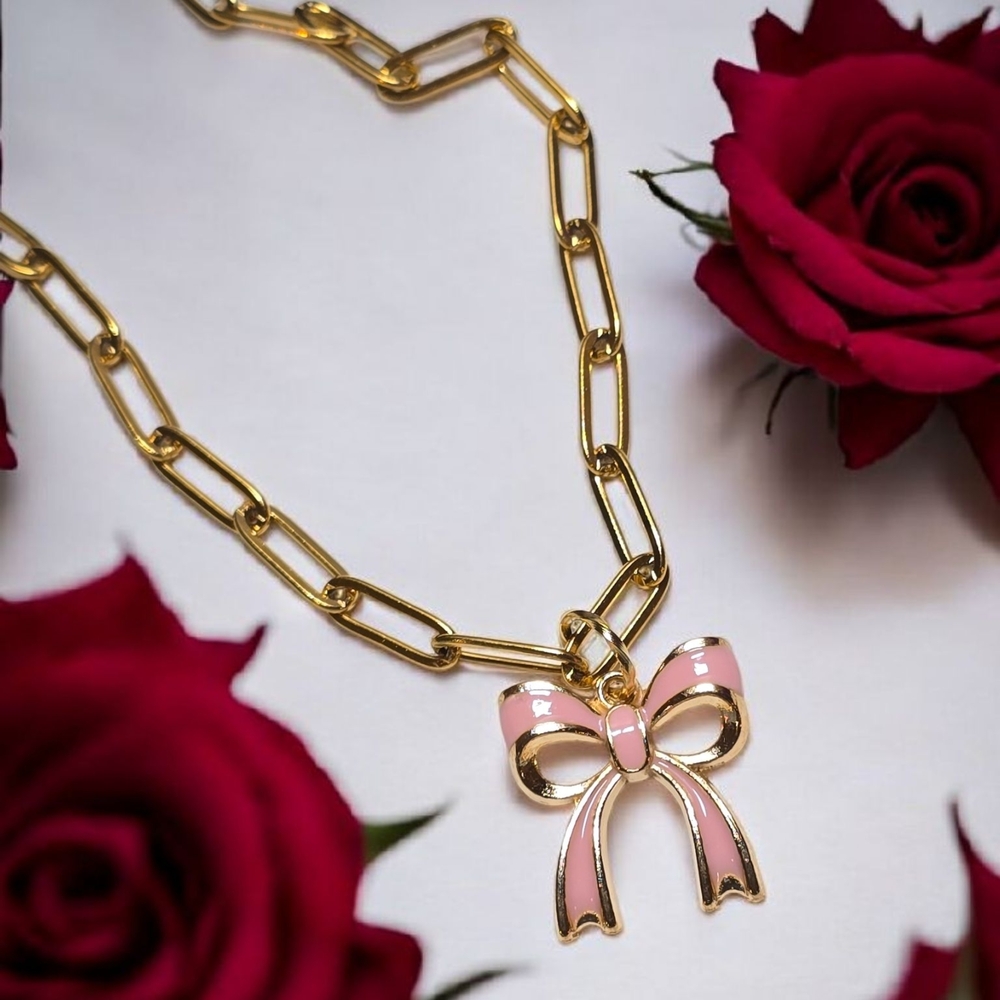 Handmade Gold Enamel Pastel Pink Bow Necklace Stainless Steel Paperclip Chain